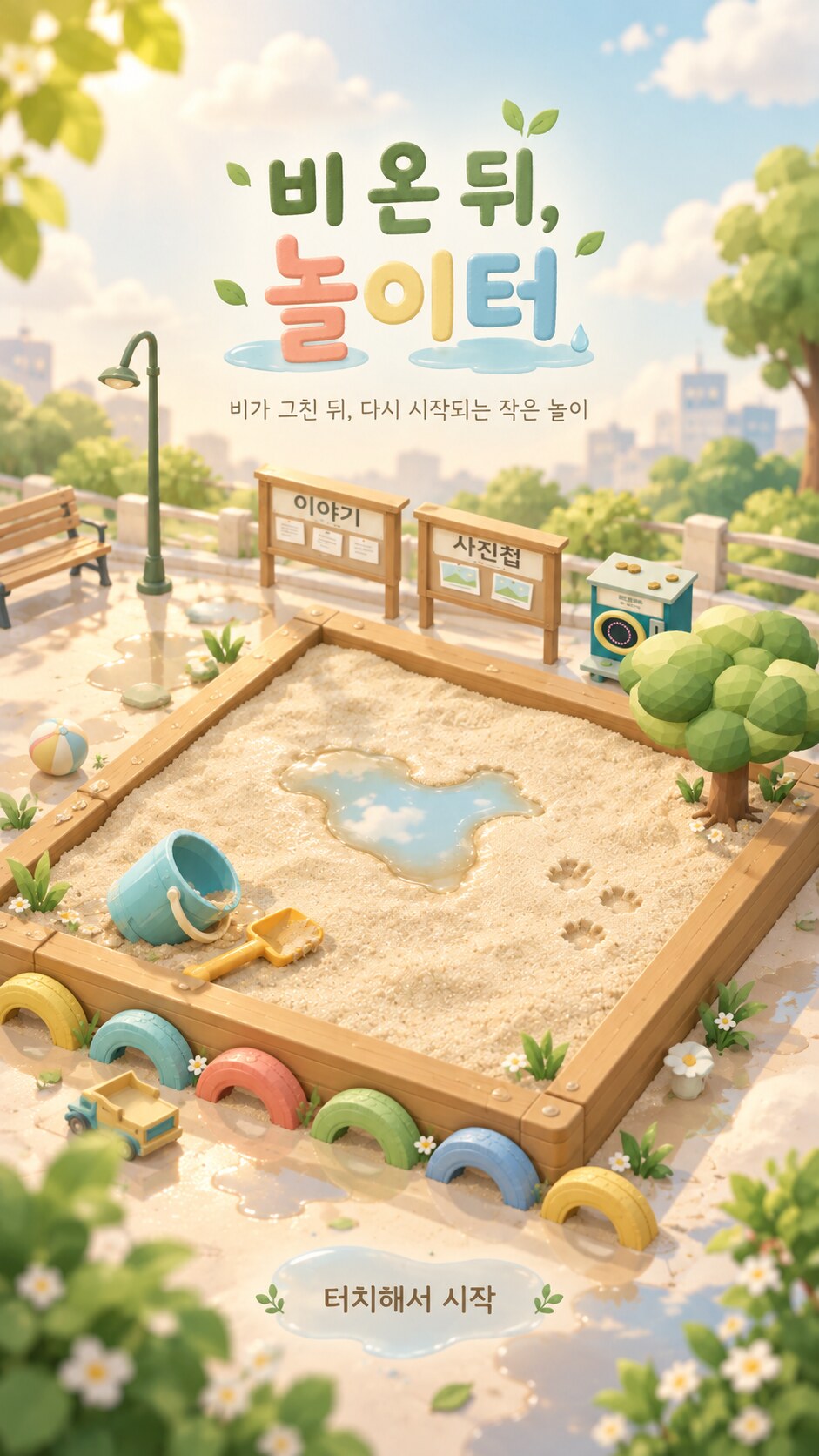 비가 갠 뒤 햇살과 빗물이 반짝이는 동네 놀이터에서 놀기